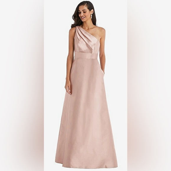Alfred Sung NWT Draped One Shoulder Satin Maxi Dress w/ Pockets Toasted Sugar - Picture 4 of 10